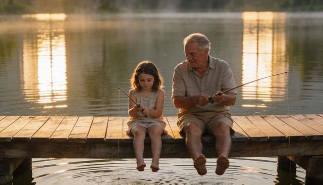 Grandfather teaching granddaughter fishing on lakeside dock at golden hour