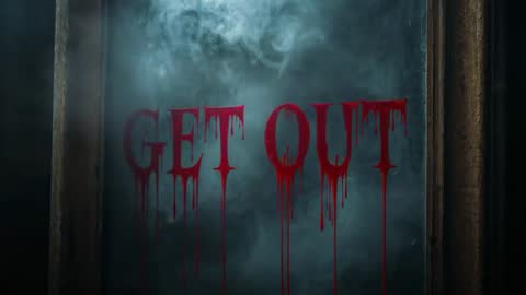 Dripping Red 'GET OUT' Text Over Smoky Glass for Haunting Atmosphere