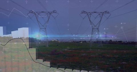 Electric Transmission Towers at Dusk with Digital Data Overlays Representing Smart Grid Analytics
