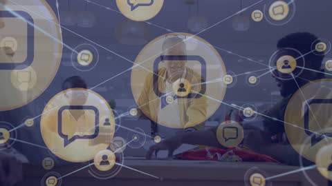 Business Team Connecting in Modern Office Overlayed with Digital Network