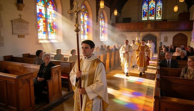Acolyte leading procession down sunlit church nave with stained glass, gold vestments