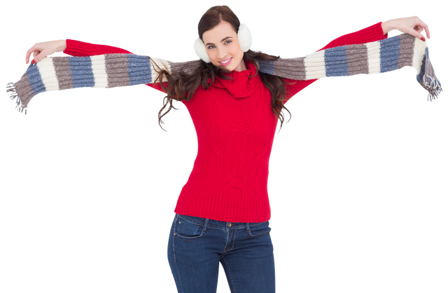 Cheerful Brunette with Transparent Background Stretching Wide Knit Scarf - Download Free Stock Videos Pikwizard.com