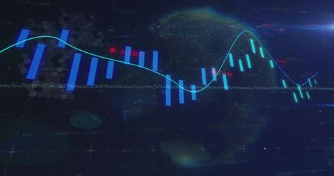 Neon Futuristic Financial Candlestick Chart Showing Cyan Trend Line and Grid Analytics