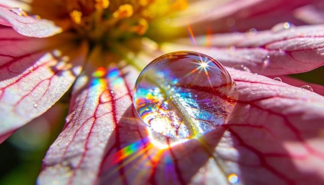 Crystal dew droplet refracting rainbow prism on pink veined flower petal macro closeup