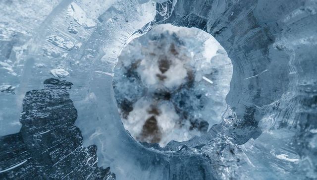 Silhouette standing beside circular ice hole revealing layered rim on frozen lake