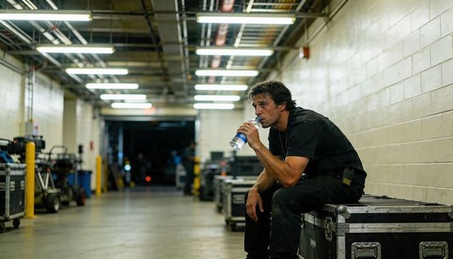 Backstage stagehand drinking water while resting on road case in venue loading corridor