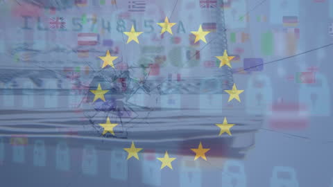 EU Flag with Technology and Financial Background Animation