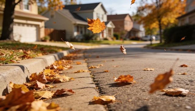 Drifting autumn leaves skimming curb on quiet suburban street with sunlit houses