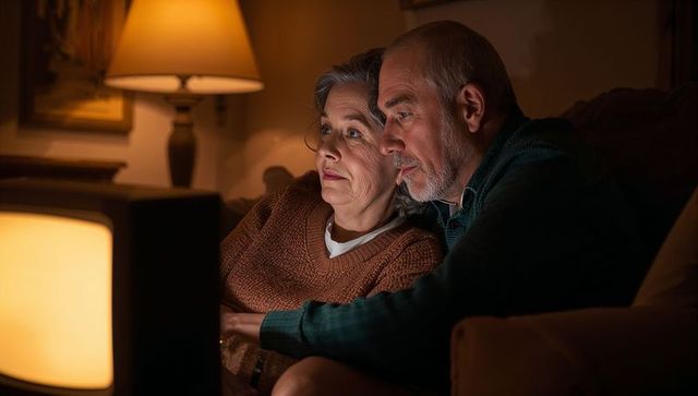 Senior couple watching tv together on cozy couch at night with warm lamp light and intimate mood