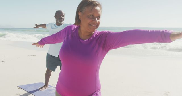 Senior Couple Practicing Yoga on Beach Enjoying Sunny Day - Download Free Stock Images Pikwizard.com