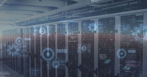 Visual representation of a modern data center with glowing digital interfaces and servers, illustrating high-tech information processing. This can be used for articles or presentations on IT infrastructure, data security, and advanced technologies.