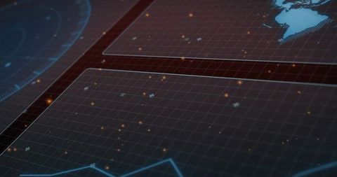 Futuristic hud grid with glowing amber nodes and cyan data graph