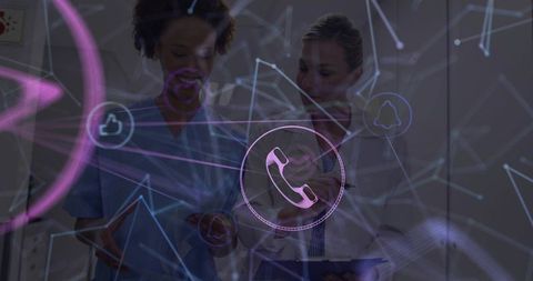 Healthcare Team Collaborating Over Tablet with Holographic Communication UI, Network Icons