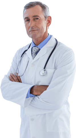 Confident male doctor with arms crossed and stethoscope in transparent background