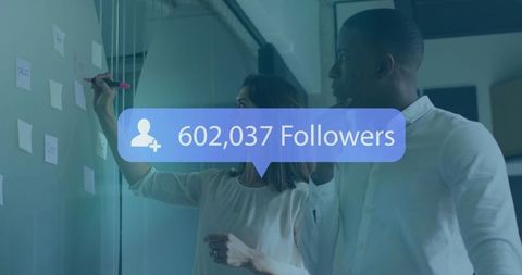 Innovative team discussing strategies with follower milestone indicator