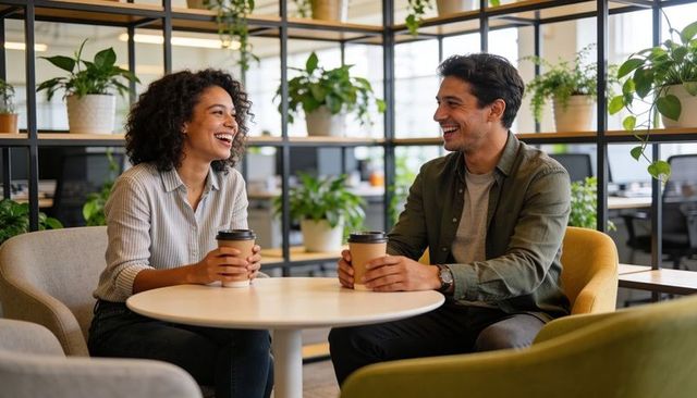 Colleagues sharing coffee and laughing in modern coworking lounge with abundant plants