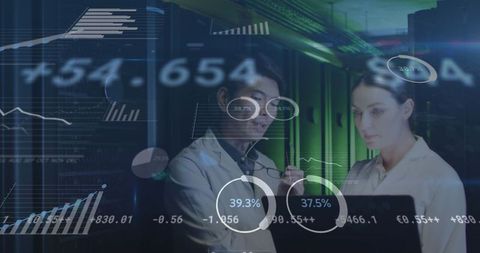 IT Engineers Analyzing Data in Server Room with Digital Interface