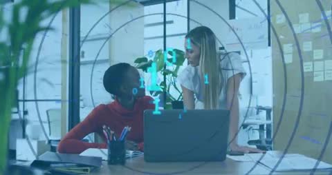 Two colleagues collaborating over laptop with digital overlay, reviewing project documents