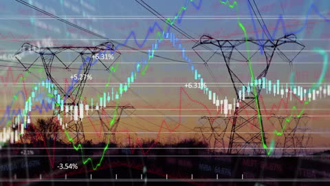 Financial Data Overlay on Power Lines at Sunset