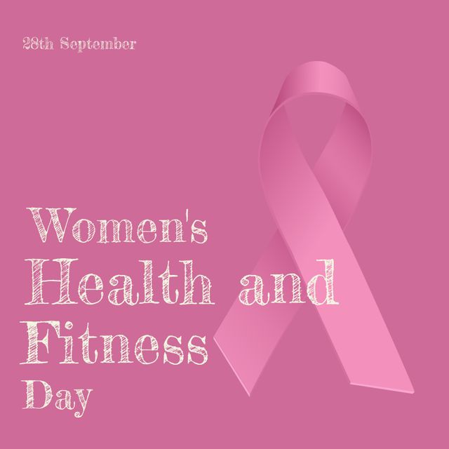 Illustration of ribbon with 28th september, women's health and fitness day text over pink background. Copy space,