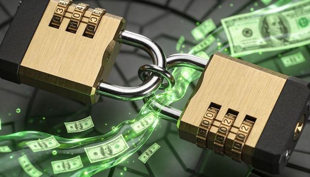 Linked Combination Padlocks Emitting Neon Green Currency Stream Representing Digital Security