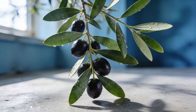 Sunlit black olive branch with dew drops casting shadow on windowsill