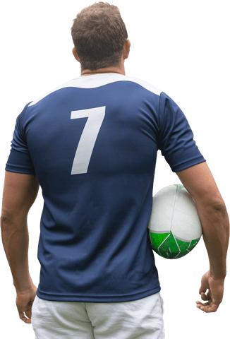 Transparent back view of rugby player holding ball on clear background