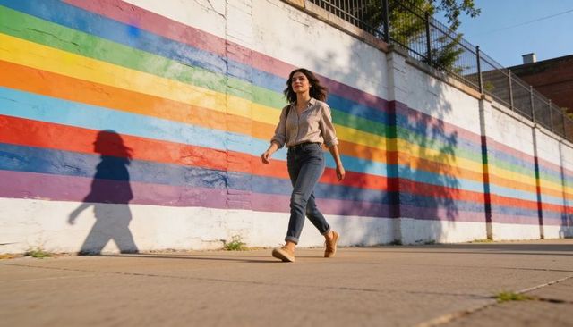 Woman walking past rainbow-striped mural on sunny urban sidewalk with long shadow