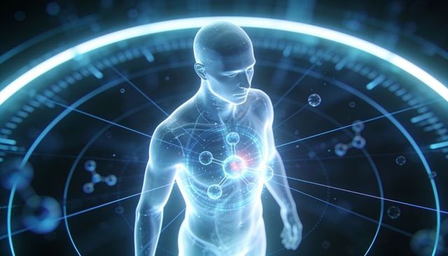Glowing humanoid avatar with pulsing chest core inside circular holographic data interface