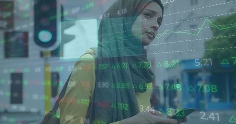 Woman in Hijab Analyzing Global Stock Data on Street