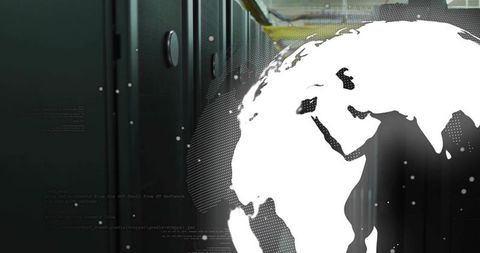Digital globe overlaying server rack visualizing global data flow and network infrastructure