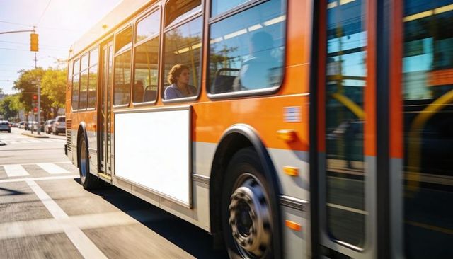 Orange city bus passing crosswalk with blank ad panel and seated passenger in sunlight