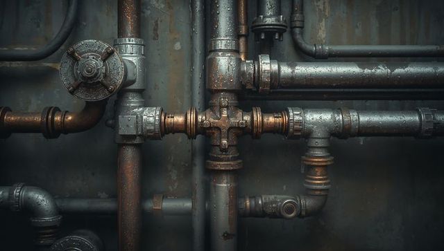 Showing central pipe assembly with cross valve, rusted steel plumbing, industrial patina