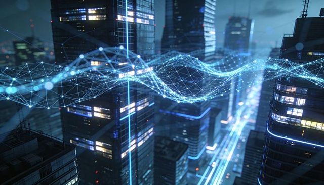 Glowing digital network wave connecting smart city skyline at night, futuristic data flow