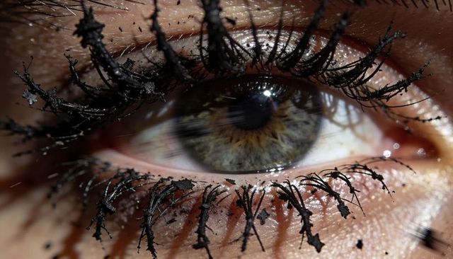 Macro close-up showing clumped mascara on glistening hazel eye with tear and makeup smudges