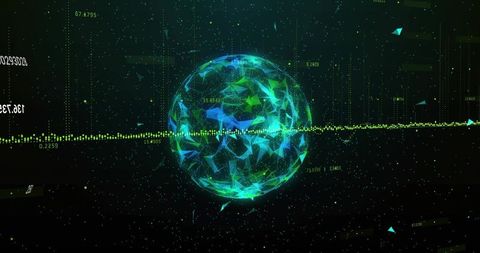 Rotating low-poly neon data orb with waveform and holographic polygon shards visualization