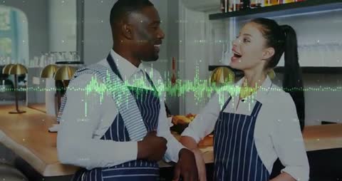 Cheerful Café Baristas Engaged in Lively Discussion