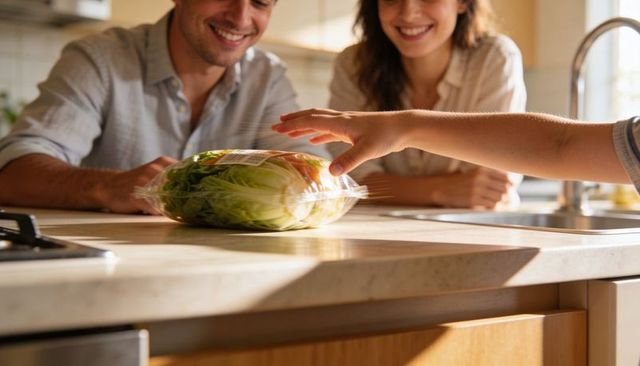 Child reaching for packaged lettuce on sunlit kitchen counter while parents smiling warmly