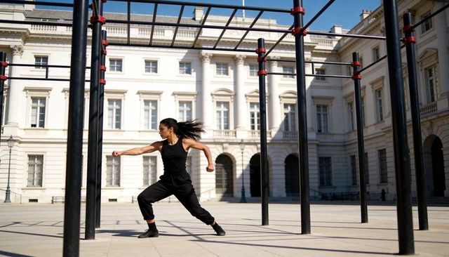 Urban martial arts training in neoclassical courtyard practicing dynamic punch and movement
