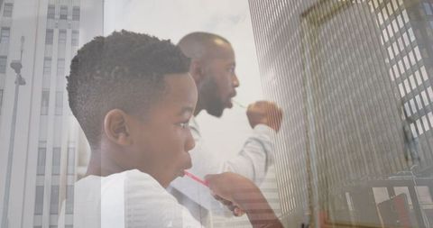 Father and Son Brushing Teeth with Modern City Background