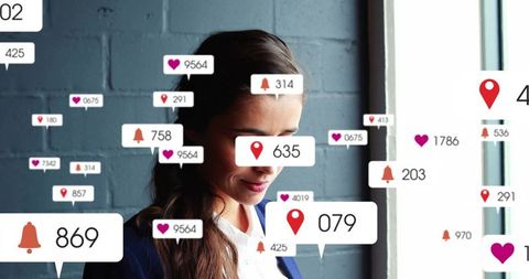 Businesswoman Surrounded by Influencer Success Notification Icons