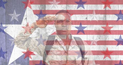 Military Soldier Saluting Overlaid on American Flag with Stars