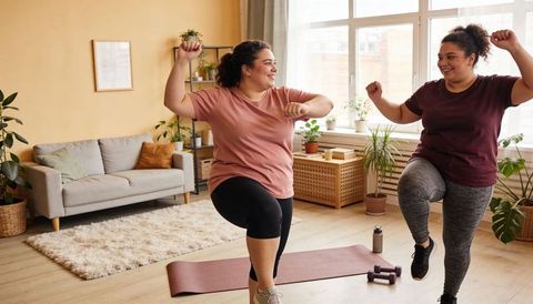 Two Women Exercising Together in Bright Living Room Workout with Dumbbells