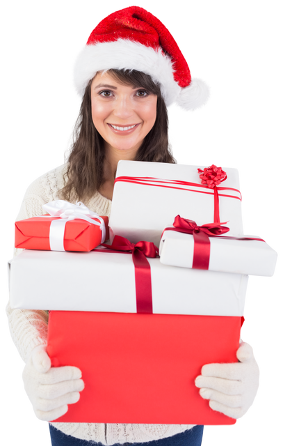 Joyful Woman in Santa Hat Holding Christmas Gifts Transparent - Download Free Stock Videos Pikwizard.com