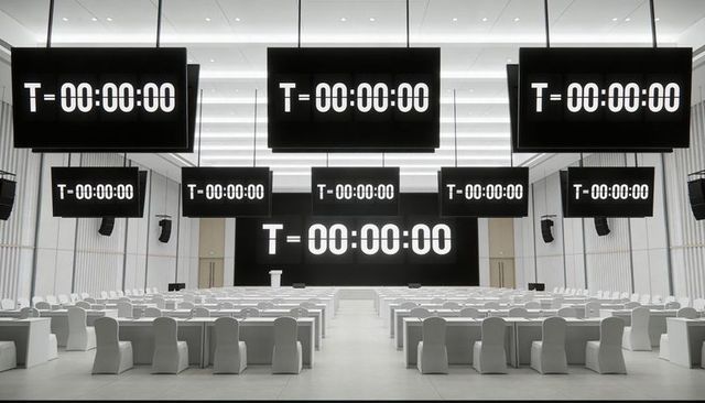 Countdown timer on giant led displays in minimalist conference hall with white seating