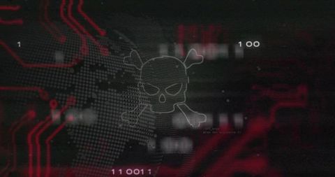 Glitching cyber skull and crossbones over digital globe signaling global cyber threat