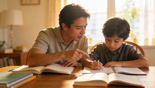 Father guiding son with homework at wooden table in warm daylight for home learning