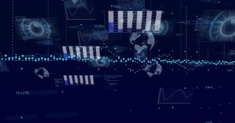 Cyan Data Waveform Floating Over Futuristic HUD Showing Global Analytics and Bar Charts