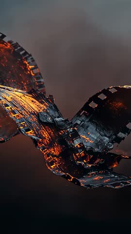 Undulating Molten Filmstrip Ribbon Pulsing Ember Glow in Smoky Void Vertical Video