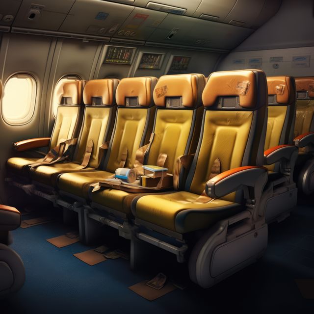 Interior of airplane with empty yellow seats, created using generative ai technology. Airplane, travel and transport concept digitally generated image.